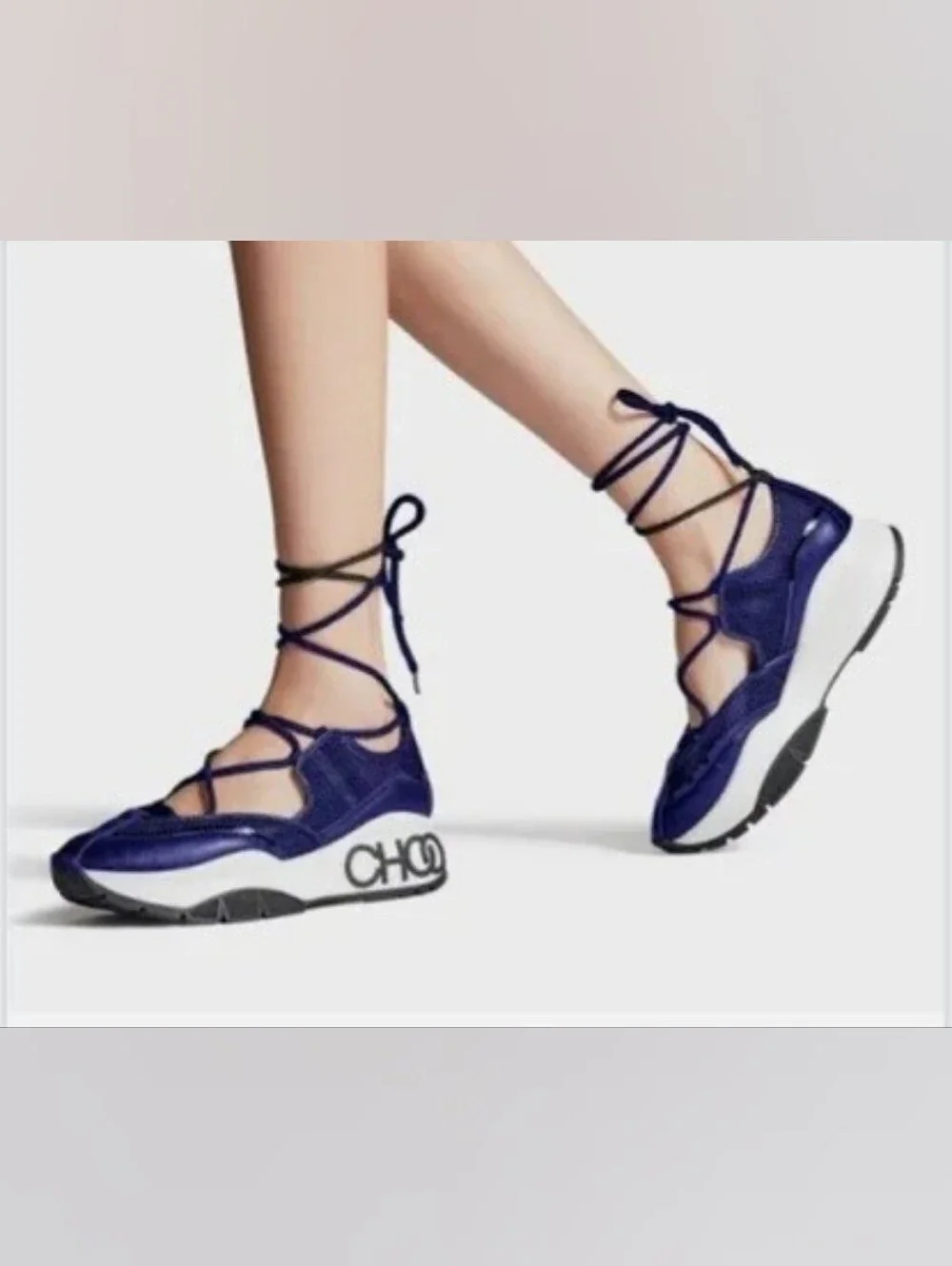 New Women's Jimmy Choo Blue Leather Strappy Lace Designer Sneakers Size 5.5 US
